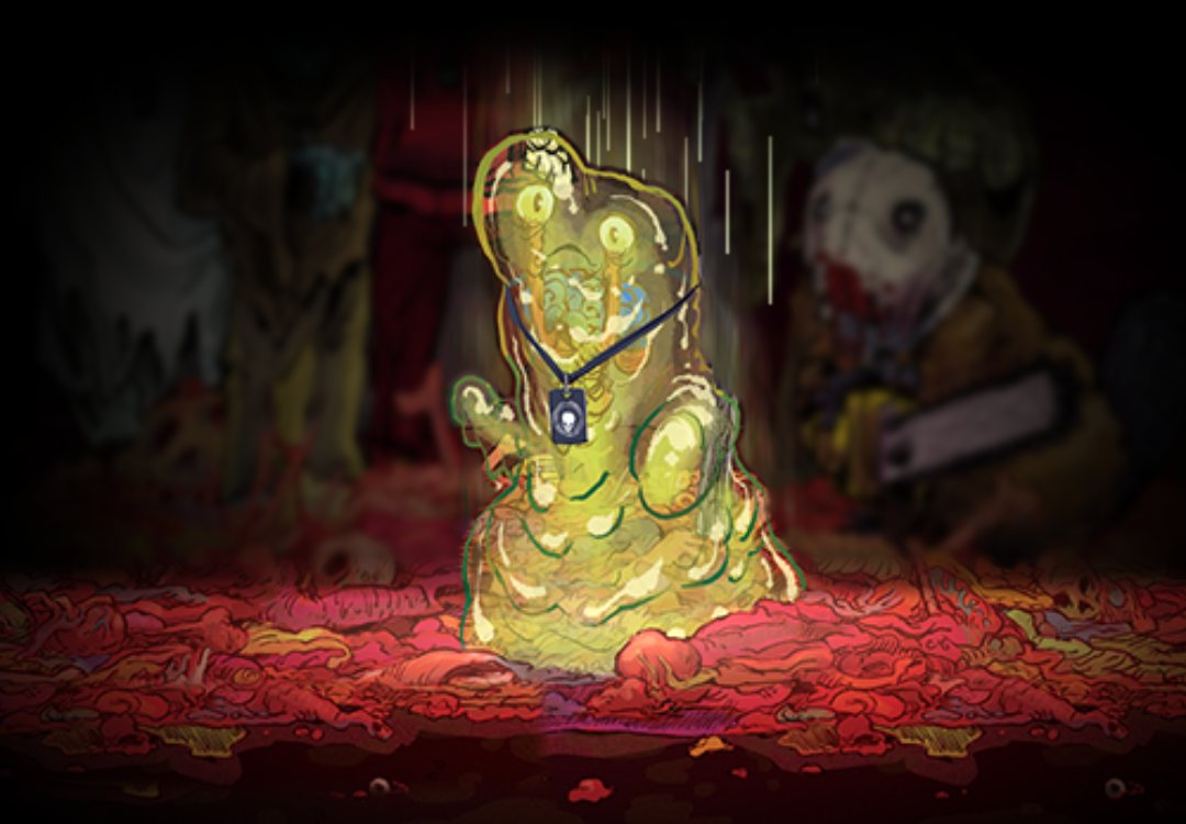 A glowing green slime creature wearing a BITS festival pass drops onto a pile of red gore, leaving a motion trail behind it
