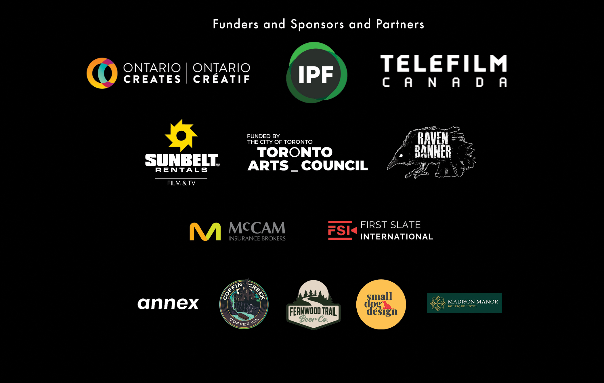 Festival sponsor logos including Telefilm Canada, Ontario Creates, and more
