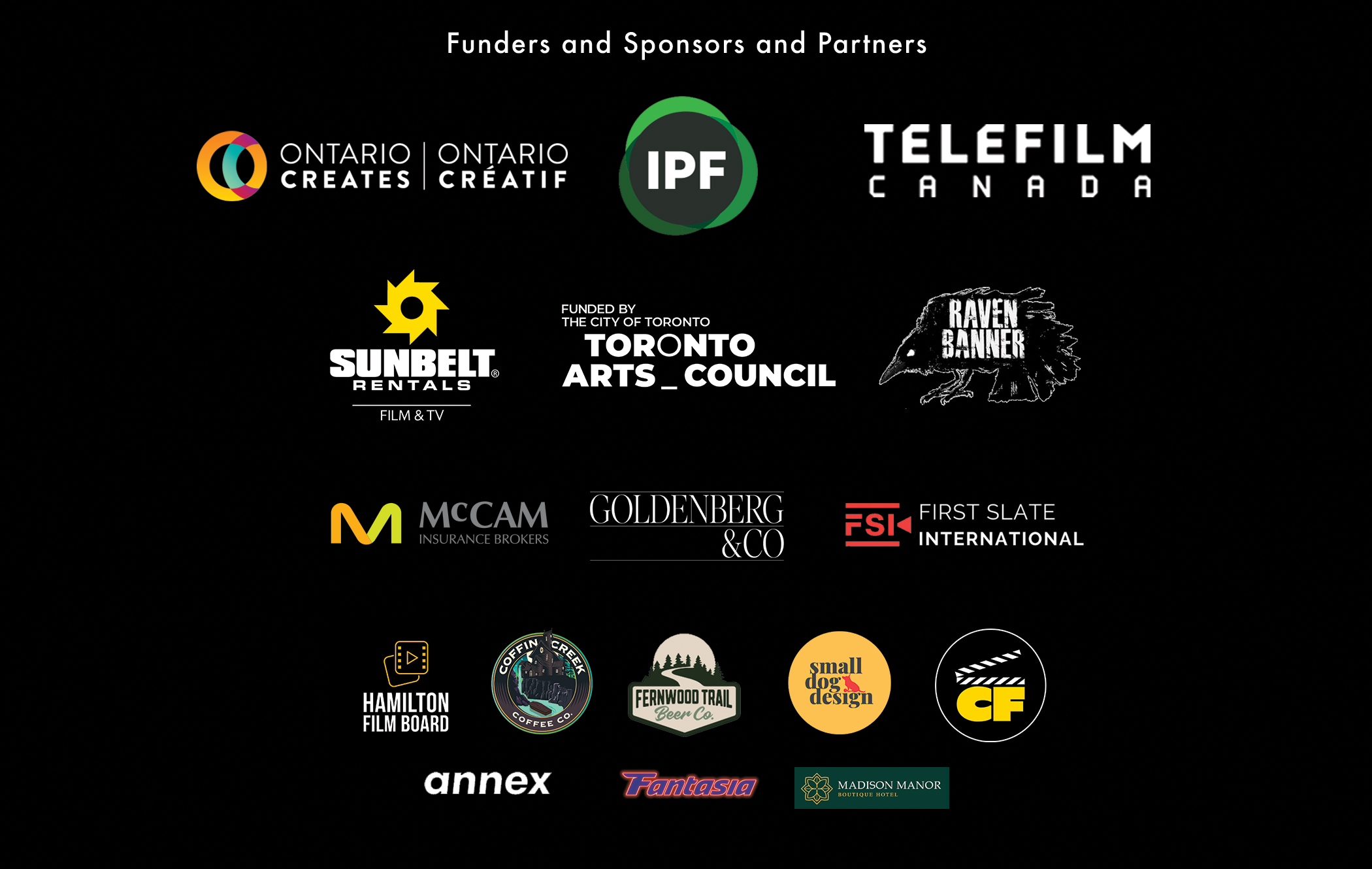 Festival sponsor logos including Telefilm Canada, Ontario Creates, and more